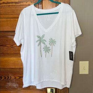NWT New York Laundry Tee V Neck Palm Trees on BRIGHT White Very Stretchy Size 2x